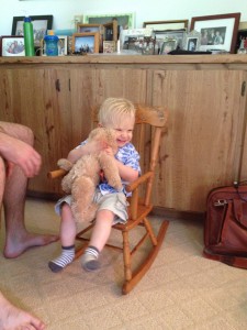 Lucas with Charley Bear in Nana's rocking chair, Nov. 2015